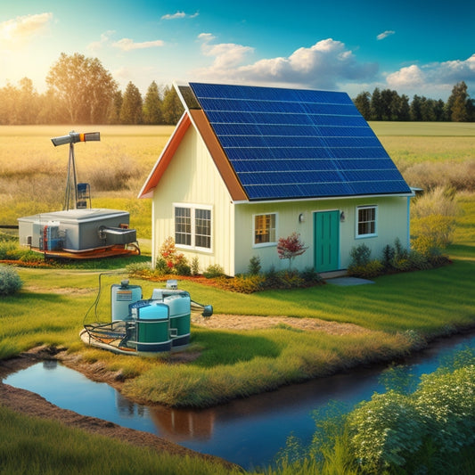 An illustration of a rural homestead with a well pump system, showcasing a solar panel array on the roof, connected to a battery bank and inverter, powering a submersible well pump.