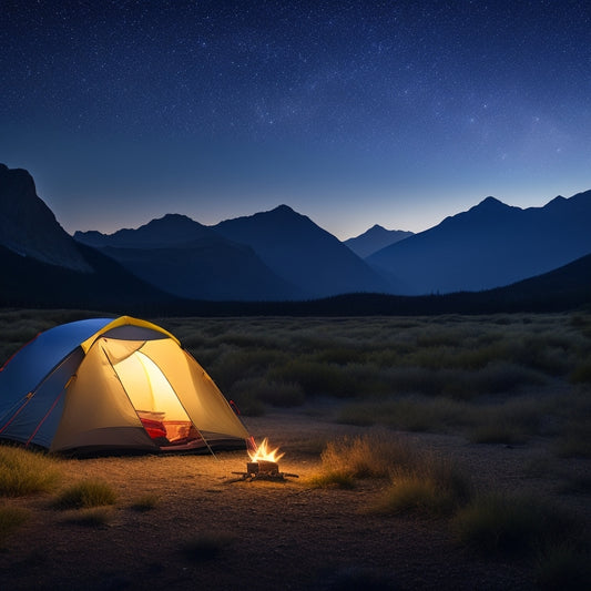 A serene nighttime campsite scene with a tent, campfire, and stars above; a portable battery pack with solar panels and lanterns illuminated, surrounded by camping gear and a distant mountain range.