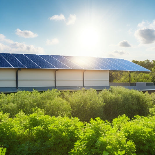 A sunny rooftop with sleek, modern solar panels installed in a staggered pattern, surrounded by neatly trimmed greenery and a subtle hint of blue sky in the background.