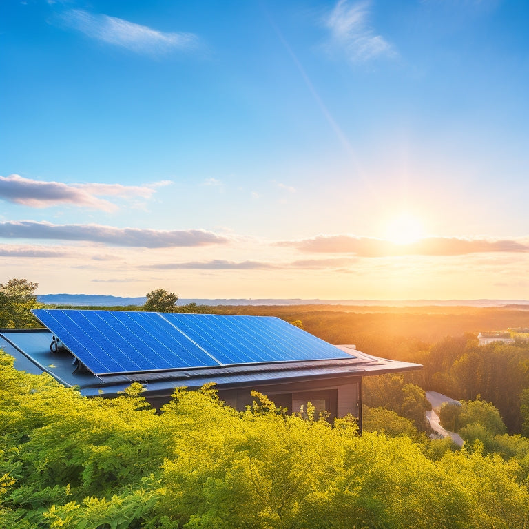 A serene landscape with a modern, sleek solar panel array installed on a residential rooftop, surrounded by lush greenery and a bright blue sky with a few wispy clouds.