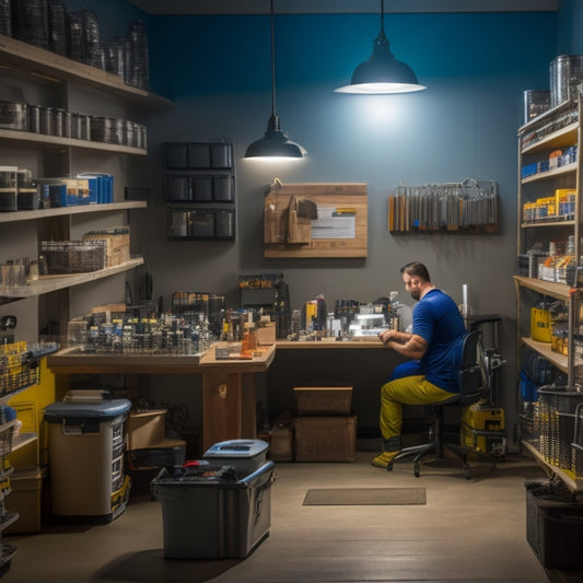 A small business interior with a technician installing a sleek, modern generator, surrounded by tools and equipment. Bright overhead lights illuminate the space, emphasizing the importance of power with a backdrop of shelves and products.