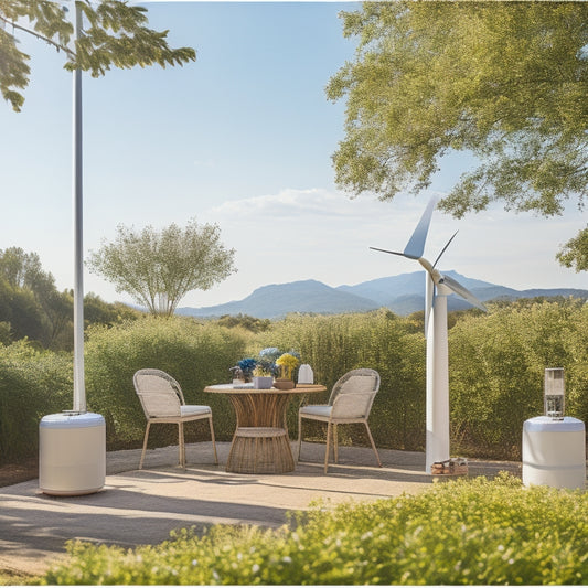 A serene outdoor setting featuring a variety of eco-friendly chargers: solar panels, bamboo power banks, and wind turbine chargers, surrounded by lush greenery and a clear blue sky, highlighting sustainability and innovation.