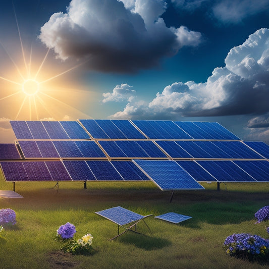 An illustration of a solar panel with subtle cracks, surrounded by icons of clouds, temperature gauges, and leaves, with a faint grid of batteries and inverters in the background.