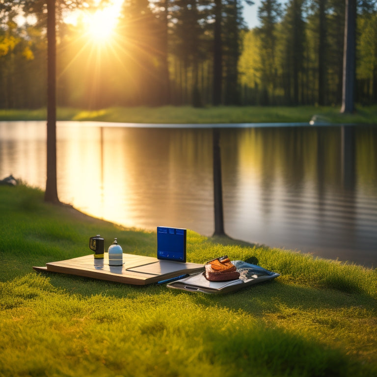 A sunlit campsite with a sleek solar phone charger on a picnic table, surrounded by camping gear, a tent in the background, green trees, and a serene lake reflecting the sky.