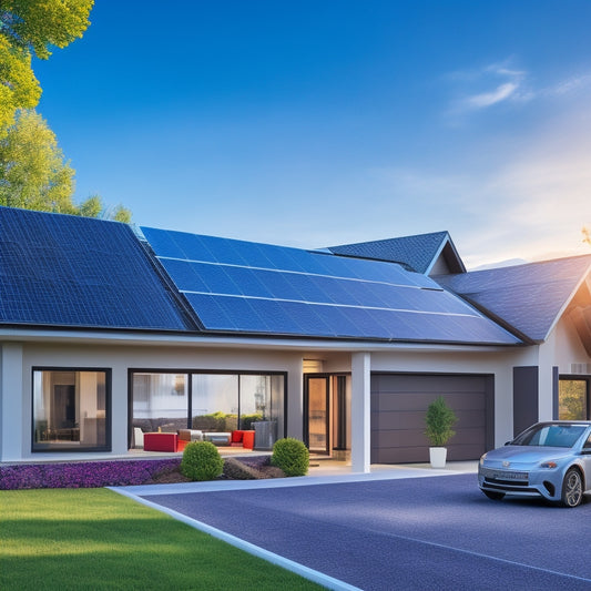 A modern home with solar panels on the roof, a sleek battery storage system installed in the garage, and a tablet displaying a monitoring system's dashboard with colorful graphs and charts.