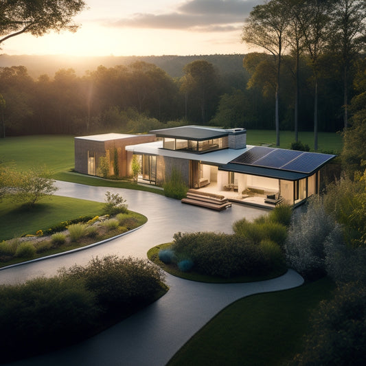 A serene landscape with a modern home in the center, surrounded by lush greenery, featuring a sleek solar panel roof, a winding pathway, and a subtle, glowing aura emanating from the house.