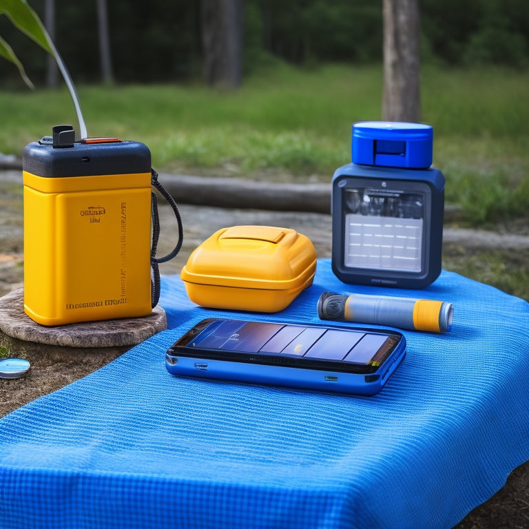 A compact, rugged solar panel charging a sleek power bank, surrounded by essential emergency items like a flashlight, first aid kit, and water bottles, set against a serene outdoor backdrop.