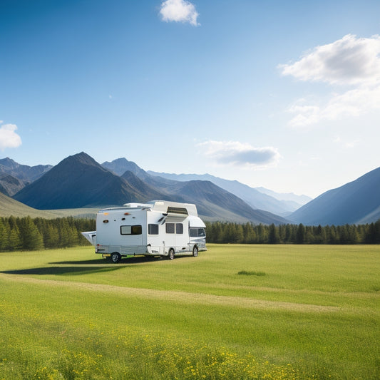 A serene RV parked in a lush green meadow, surrounded by solar panels, a wind turbine, and a battery bank, with a subtle background of mountains and a clear blue sky.