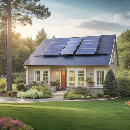 A serene suburban home with solar panels on the roof, a small wind turbine in the backyard, and a geothermal heat pump unit beside the house, surrounded by lush greenery.