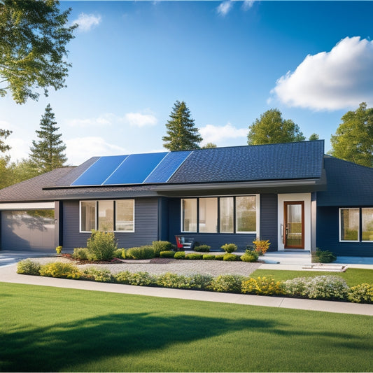A serene, modern suburban home with sleek, black roof solar panels and a compact, sleek battery storage unit installed beside a bright green lawn under a clear blue sky.
