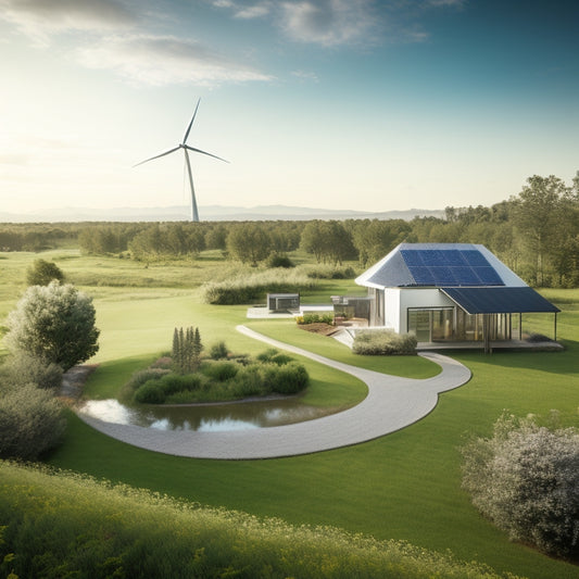 A serene landscape with a modern, sustainable home in the center, surrounded by lush greenery, wind turbines, and solar panels, with a subtle, winding path leading up to the front door.
