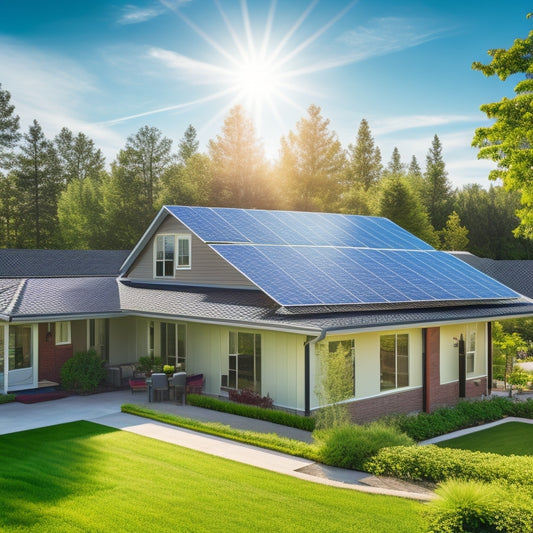 A serene suburban home with solar panels installed on its rooftop, surrounded by lush greenery, with a sleek battery storage unit prominently displayed in the foreground, against a bright blue sky.