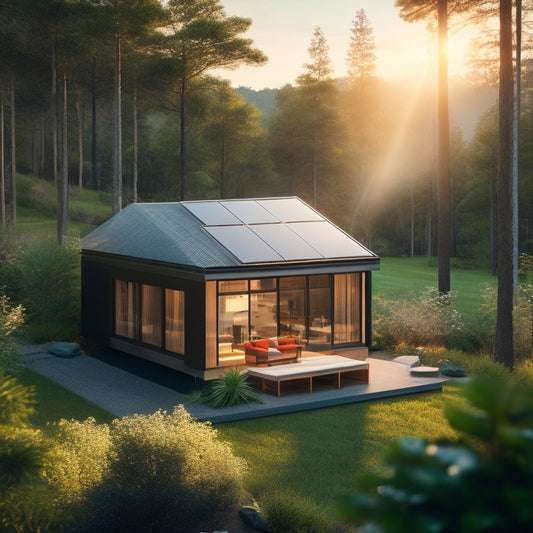 A serene off-grid home surrounded by lush greenery, with a sloping roof covered in sleek, black solar panels, angled at 30 degrees, with a subtle hint of morning sunlight casting a warm glow.