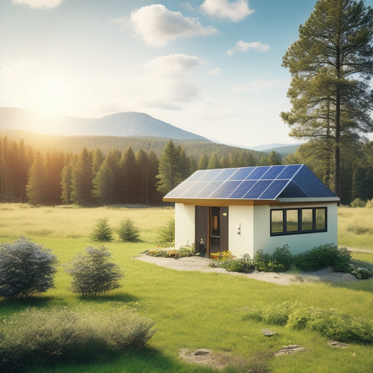 A serene off-grid cabin surrounded by solar panels, wind turbines, and a battery bank, with a futuristic monitoring system display in the background, amidst lush greenery and a sunny sky.