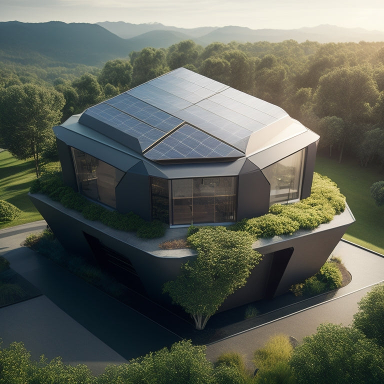 A futuristic rooftop with sleek, black, and silver solar panels featuring a unique hexagonal design, seamlessly integrated with a modern, minimalist house surrounded by lush greenery.