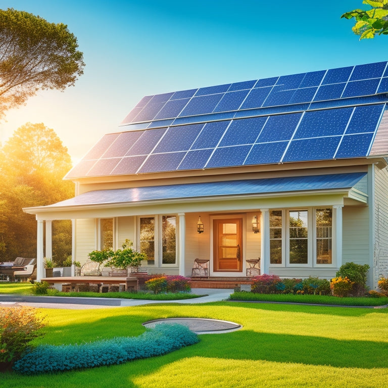 A serene suburban home with solar panels installed on the rooftop, surrounded by lush greenery and a bright blue sky, with a faint sunbeam illuminating the panels.