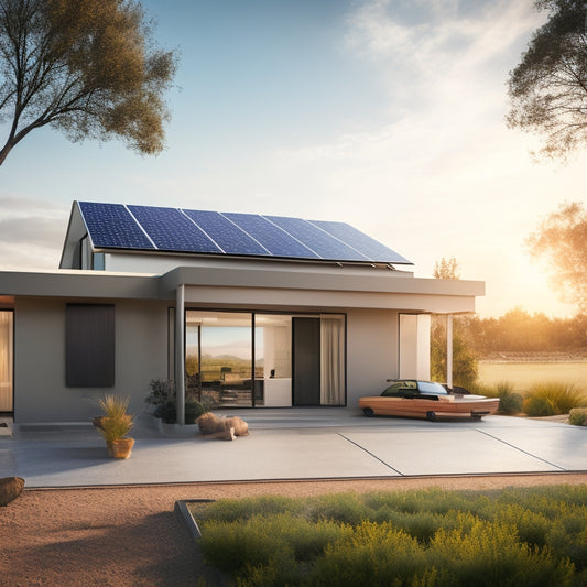 A serene, modern home with sleek solar panels on the roof, covered in a thick layer of dirt and debris, contrasted with a nearby panel sparkling clean, reflecting a bright blue sky.