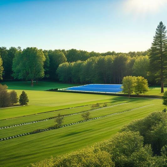 A serene landscape with a sprawling lawn, featuring rows of sleek, black in-ground solar panels flush with the grass, surrounded by lush greenery and a few trees under a bright blue sky.