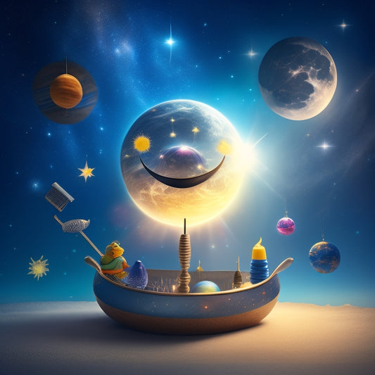 A whimsical illustration of a smiling sun surrounded by orbiting planets with tiny maintenance tools and sparks, amidst a starry background with subtle nebulae and a crescent moon.