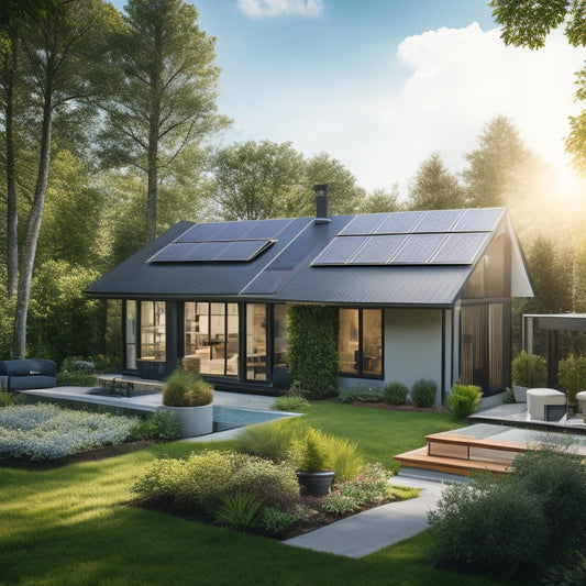 A serene backyard with a sleek, black solar panel array on the roof, connected to a modern, silver battery bank in the garage, surrounded by lush greenery and a sunny sky.