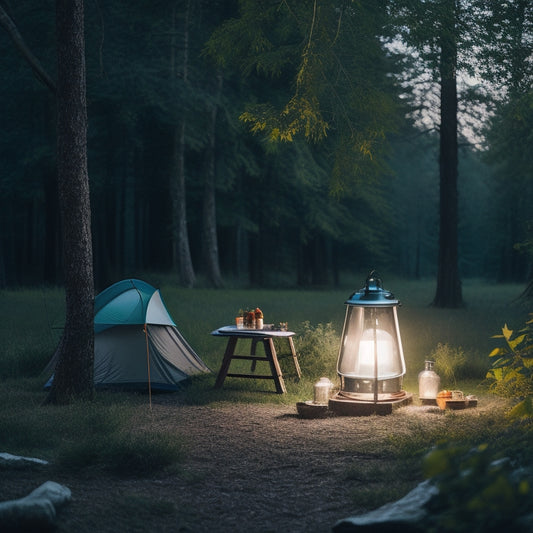 A serene campsite at dusk, featuring a solar camping fan on a picnic table, surrounded by a glowing lantern, a cozy tent, and lush trees, with a gentle breeze rustling the leaves.