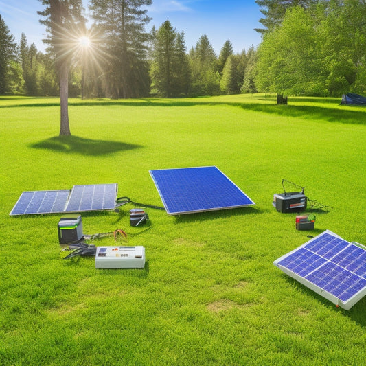 A sunny backyard with a DIY solar panel kit laid out on a grassy lawn, featuring a array of photovoltaic panels, a charge controller, inverter, and mounting hardware, surrounded by tools and instructions.