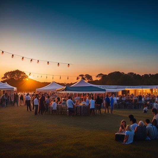 A serene outdoor festival scene at dusk, with a solar panel array on a grassy hill, powering string lights, a DJ booth, and food stalls, amidst a crowd of joyful people dancing and socializing.
