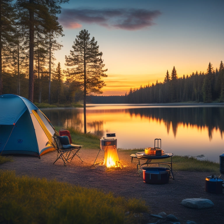 A serene campsite at dusk, featuring a solar camping stove surrounded by vibrant camping gear, fresh ingredients, and sunlit trees, with a glowing sunset reflecting off a nearby lake, evoking adventure and sustainability.