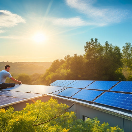 A serene rooftop scene featuring sleek solar panels glistening in the sun, surrounded by lush greenery, with a technician carefully adjusting the panels, and a clear blue sky in the background.