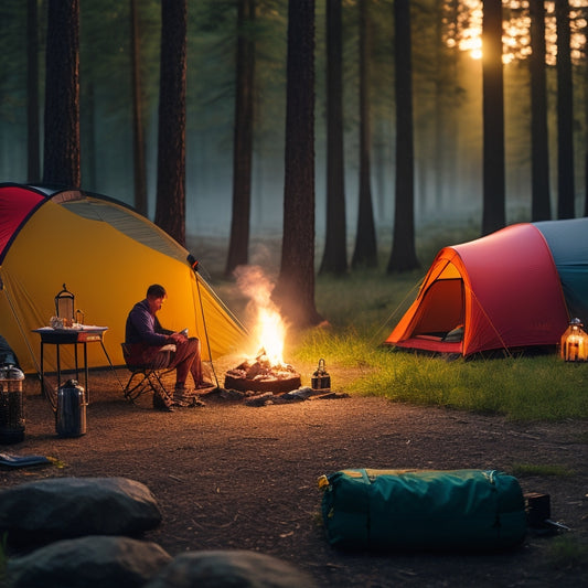 A cozy campsite with a vibrant tent, colorful sleeping bags, a portable grill, lanterns casting warm light, a compact backpack with essential tools, and a scenic forest backdrop at sunset.