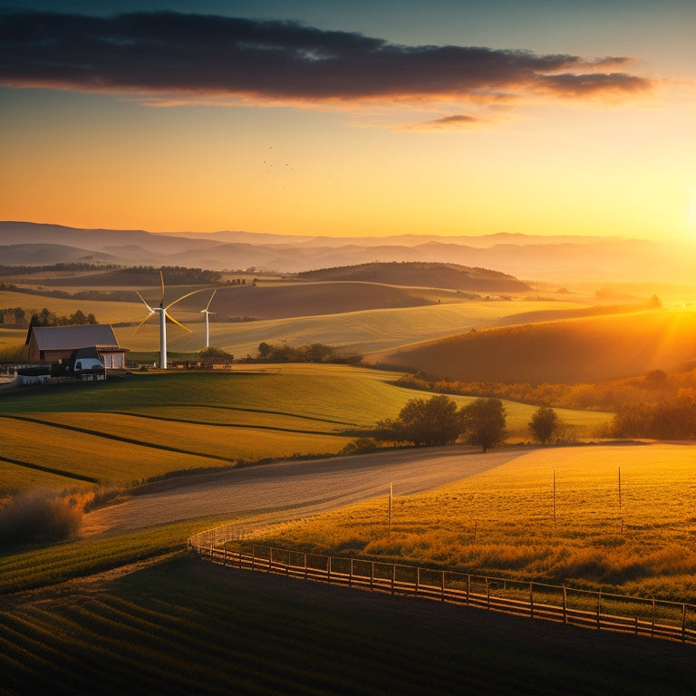 A serene rural landscape at dawn, with rolling hills, scattered farmhouses, and a few wind turbines in the distance, illuminated by a warm golden light, with a faint grid of solar panels in the foreground.