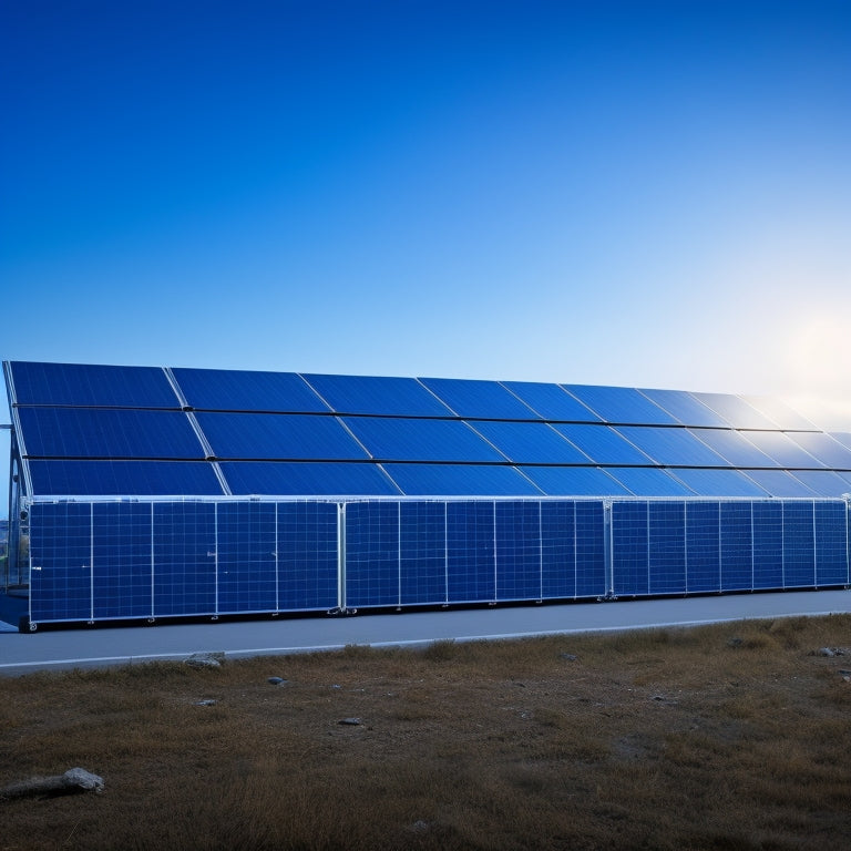 A futuristic industrial setting with sleek, silver solar panels on the roof, illuminated by a bright blue sky, and a large, black, rectangular battery storage unit in the foreground.