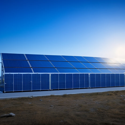 A futuristic industrial setting with sleek, silver solar panels on the roof, illuminated by a bright blue sky, and a large, black, rectangular battery storage unit in the foreground.