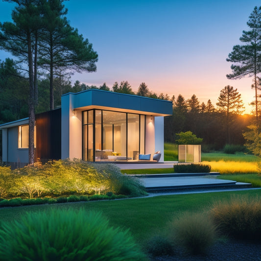 A serene, modern home at sunset with a sleek, silver battery bank installed on the exterior wall, surrounded by lush greenery and a subtle, glowing LED light.