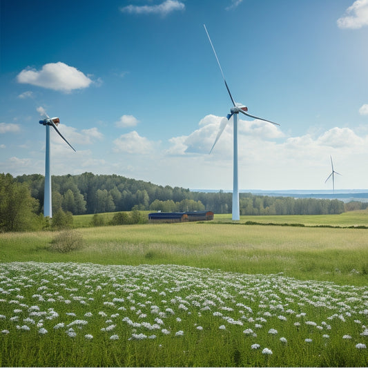 A serene landscape with a small, modern wind turbine and a few solar panels in the background, surrounded by lush greenery and a few wildflowers, under a bright blue sky with a few puffy clouds.