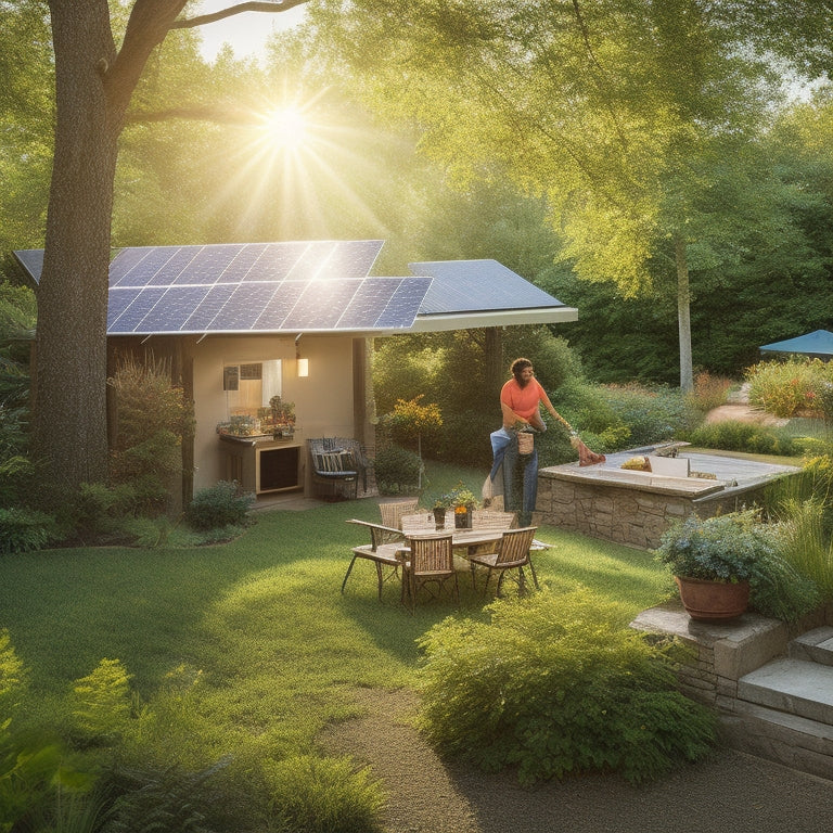 A serene backyard scene featuring a solar panel setup, tools scattered around, a step-by-step guide laid out, sunlight streaming through trees, and a person assembling solar panels, surrounded by nature's greenery.