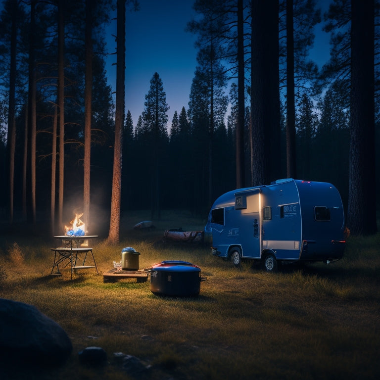 A picturesque campsite at twilight, featuring a sleek portable refrigerator beside a glowing campfire, surrounded by pine trees and a starry sky, with camping gear and food items displayed invitingly nearby.