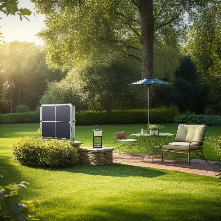 A serene backyard scene with a compact, folding solar panel setup on a lawn, connected to a small, sleek inverter and a portable power station, surrounded by lush greenery and a few outdoor furniture pieces.