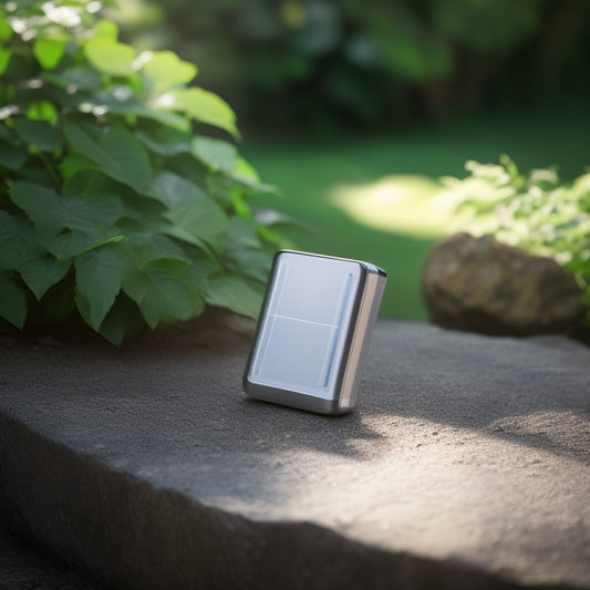 A sleek, silver, and compact portable charger with built-in solar panels, lying on a rocky outdoor surface, surrounded by lush greenery, with a subtle sunbeam illuminating its surface.