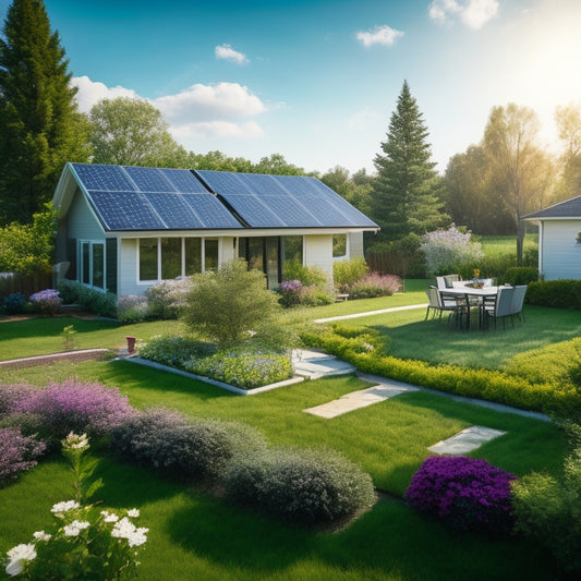A serene residential backyard with a modern solar panel array on the roof, a sleek battery storage unit nearby, and a lush green lawn surrounded by blooming flowers and a few trees.