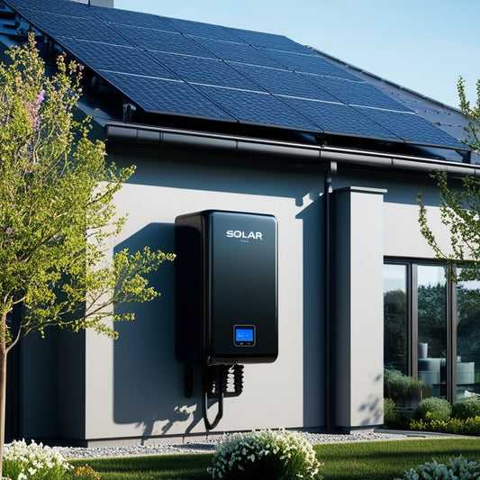 A modern home with a sleek, black solar panel array on the roof, a shiny, compact battery unit installed on the side of the house, and a few trees with blooming flowers in the foreground.