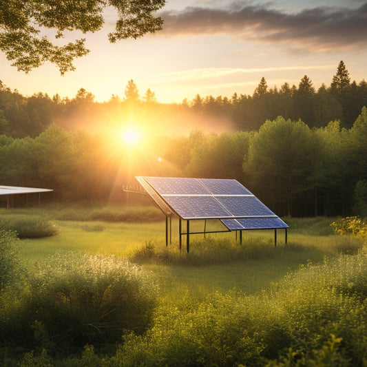 A serene landscape with a modern, sleek solar panel array in the foreground, surrounded by lush greenery, with a subtle sunburst in the background, casting a warm glow.