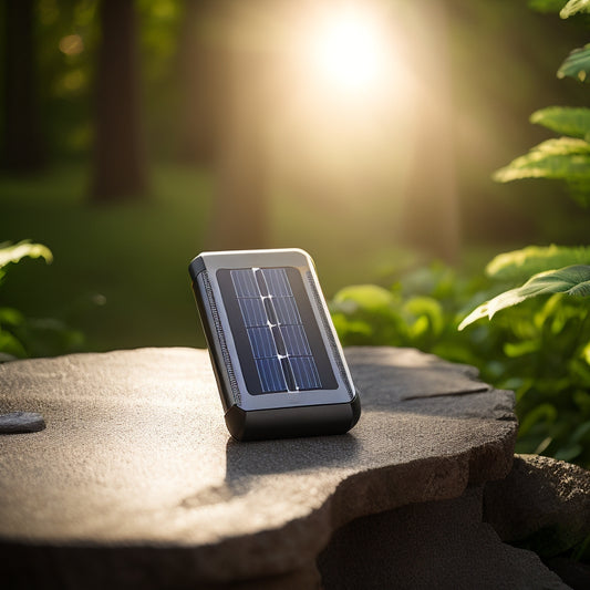 A portable solar charger power bank with a sleek, black, and silver design, surrounded by lush greenery, with sunlight casting a warm glow, and a few electrical devices plugged in.