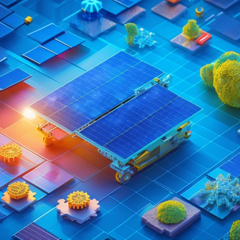 An illustration featuring a downward trending arrow composed of miniature solar panels, surrounded by scattered puzzle pieces, gears, and factory machinery, set against a blue-ish gray background.