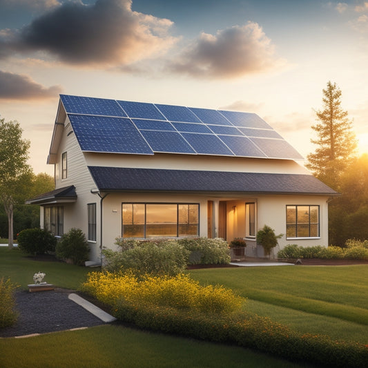A serene suburban home with solar panels installed on the roof, surrounded by lush greenery, with a subtle sun glow in the background and a few fluffy white clouds in the sky.