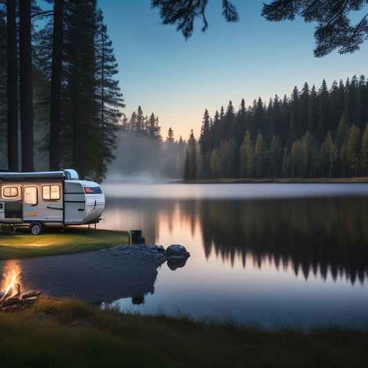 A serene forest campsite at dusk, featuring a sleek RV parked beside a tranquil lake, with a compact power generator humming in the background, surrounded by string lights and a crackling campfire.