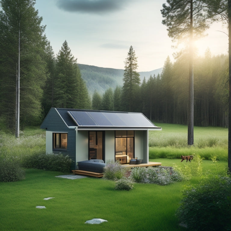 A serene, off-grid cabin surrounded by lush greenery, with a sleek, modern battery bank installed on the exterior wall, connected to a roof-mounted solar panel array and a wind turbine in the distance.