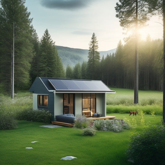 A serene, off-grid cabin surrounded by lush greenery, with a sleek, modern battery bank installed on the exterior wall, connected to a roof-mounted solar panel array and a wind turbine in the distance.