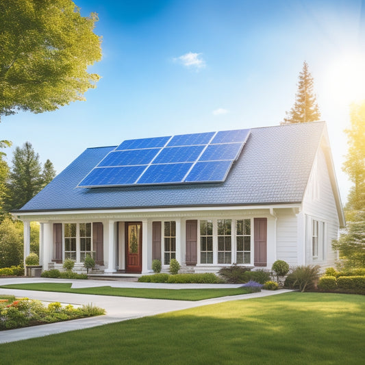 A serene suburban home with a sleek, modern solar panel array on its roof, surrounded by lush greenery, with a bright blue sky and fluffy white clouds in the background.