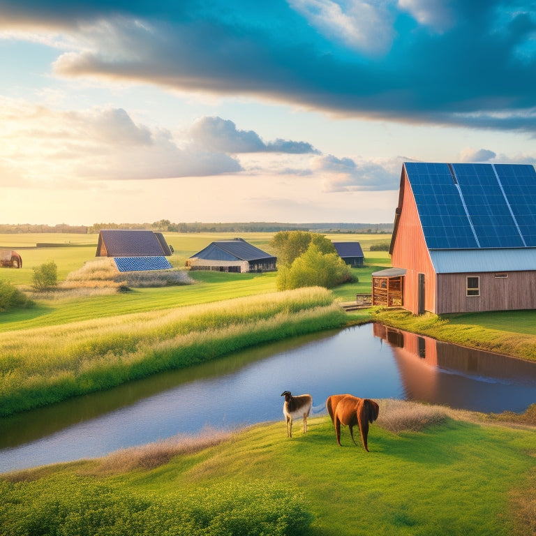 A serene rural landscape with a rustic barn in the distance, surrounded by solar panels, wind turbines, and a small pond with a floating solar panel array, amidst lush green pastures and happy grazing animals.